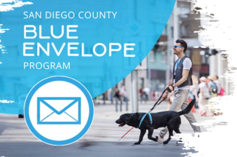 Blue Envelope Program logo with blind man and guide dog