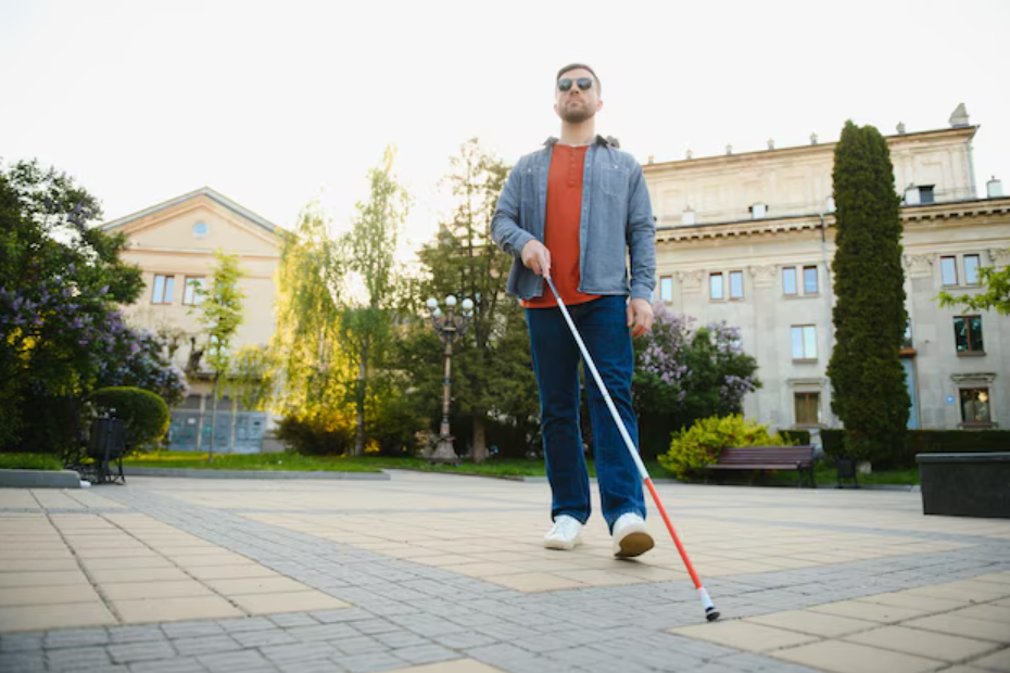 Blind man standing in courtyard with white cane