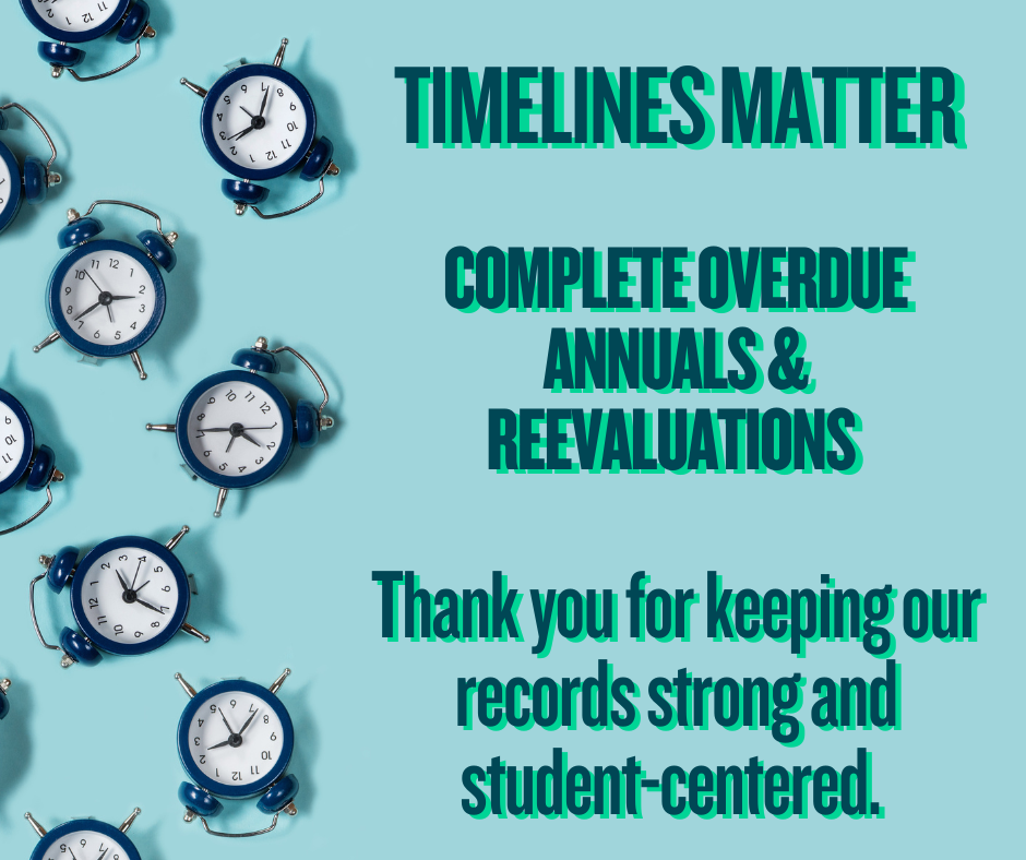 Graphic with clocks asking to complete overdue annuals and reevaluations