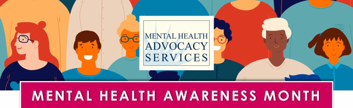 MHAS logo and "Mental Health Awareness Month" Banner. In the background, there's a an animated drawing of diverse group of people standing together.