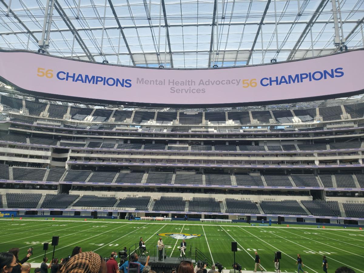 Super Bowl LVI Legacy Program – Champions Live Here press conference at the SoFi Stadium. MHAS' name is displayed on the megatron.