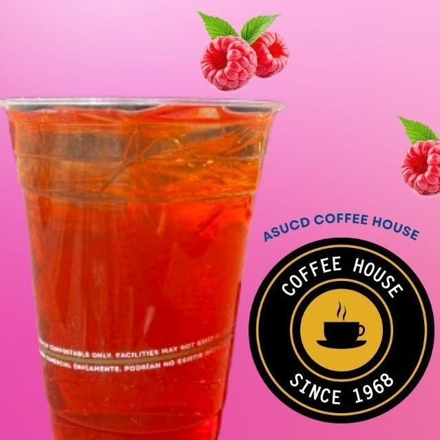 Raspberry refresher drink that says asucd coffee house since 1968