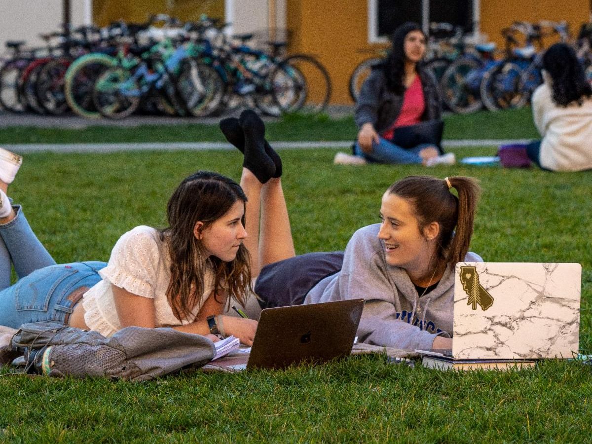 Two women laying on the lawn with laptops.