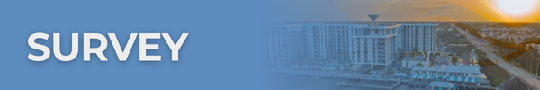 Survey banner with background of ocean waves text asking preference between farmers markets or food truck nights.