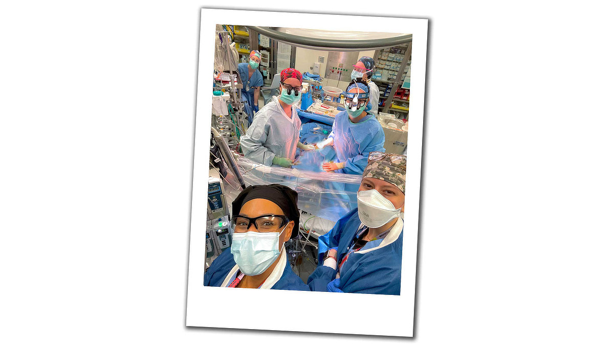 A selfie of UCSF's first all female heart transplant surgery, where a team of all-women surgeons and medical professionals perform surgery.