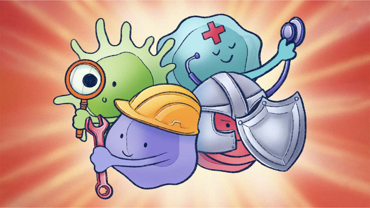 Cartoon drawing of four friendly immune-system characters posed like a superhero team: a green germ detective holding a magnifying glass, a purple cell with a wrench and yellow hard hat, a blue medical cell with a red cross using a stethoscope, and a red armored cell with a shield, all against a radiant orange background.