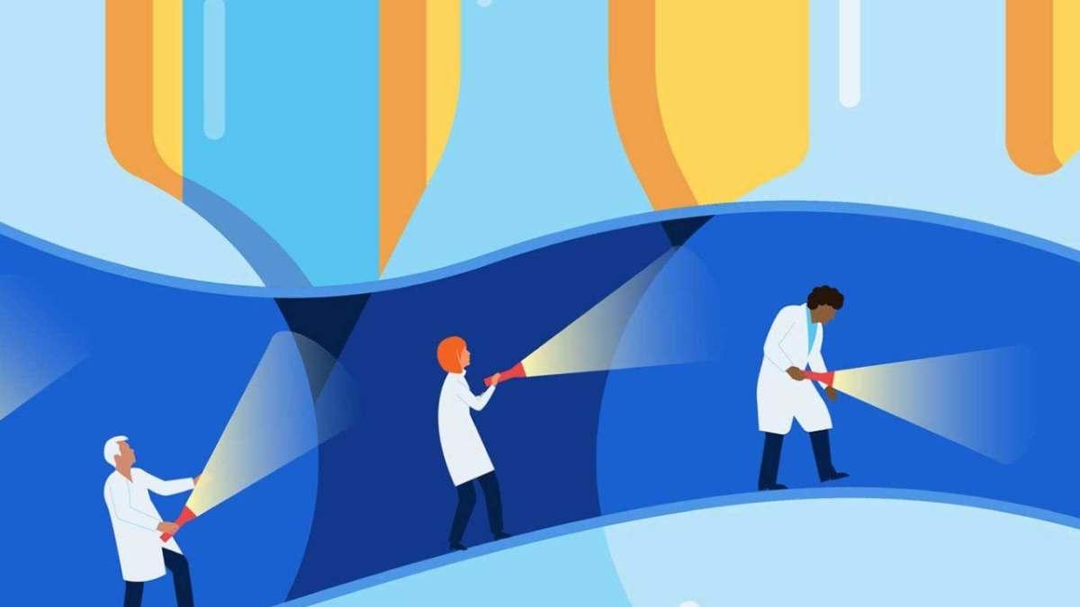 Animated scientists with flashlights walk through tunnel of lab beakers.