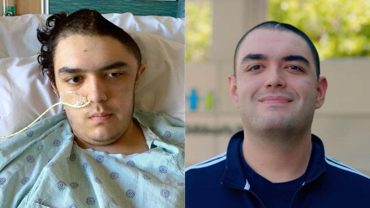 A side by side image showing stroke patient Andrew Santos when he was hospitalized at age seventeen, and him in the present day fully recovered.
