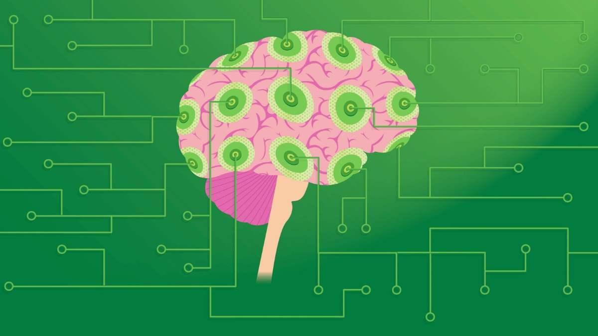 Illustrated brain connected to green circuit-like lines