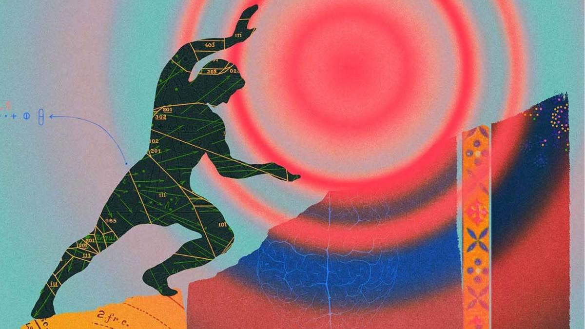 Abstract sillouhette of man going up mountain in multiple colors shapes and lines.