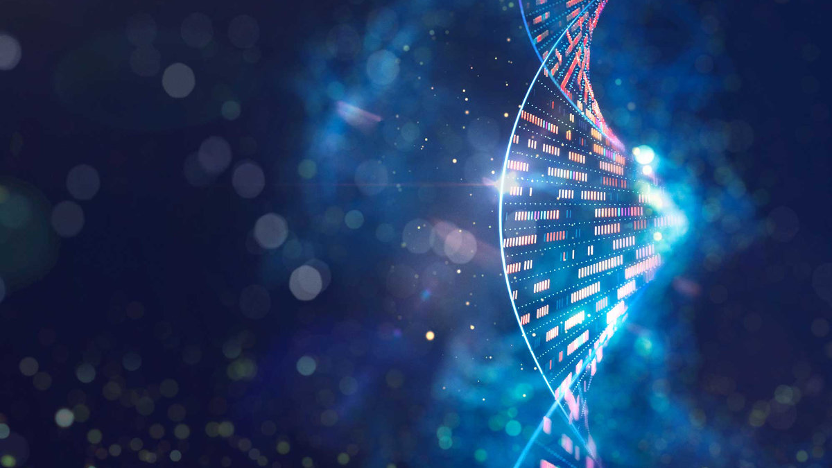 Illustration of a glowing DNA double helix with highlighted genetic markers on a dark blue background.
