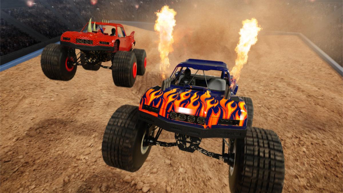  Two monster trucks race across a dirt arena, one with blue-and-orange flames and fire shooting from its exhausts.