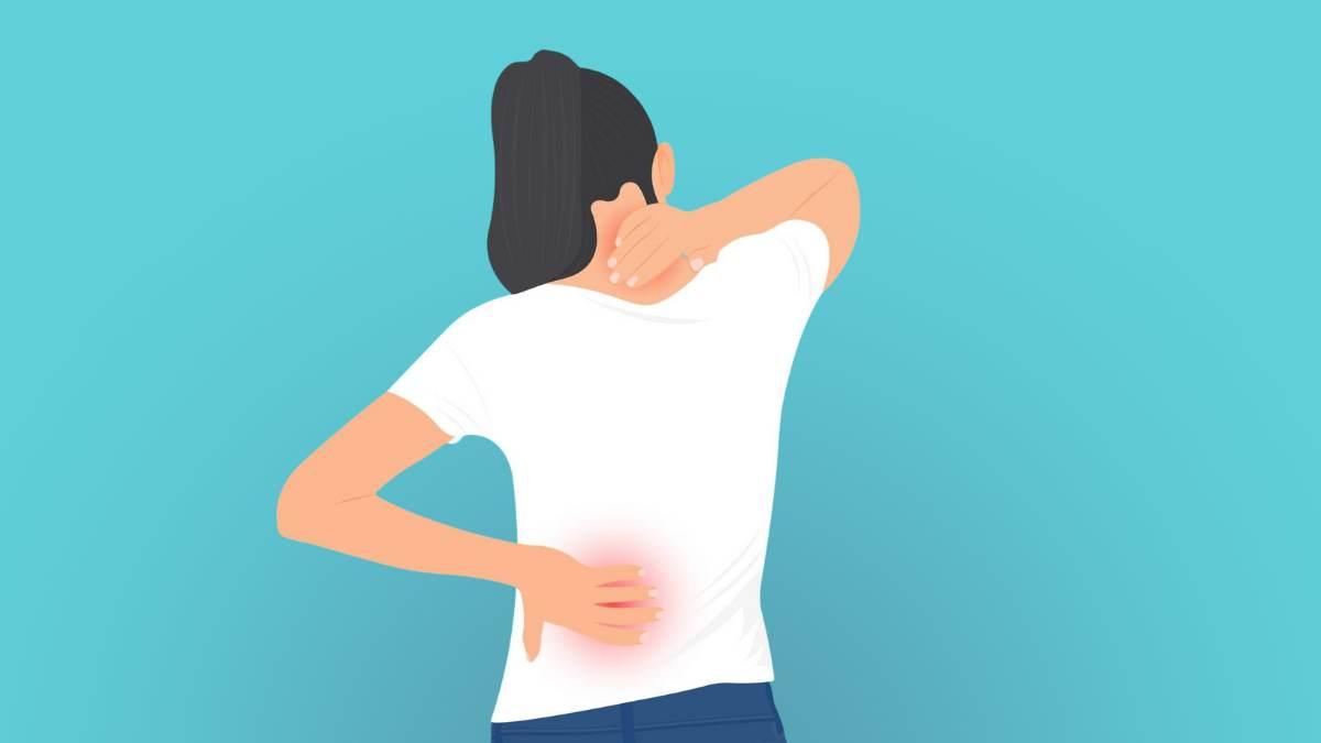 Illustration of a person holding their neck and lower back in pain