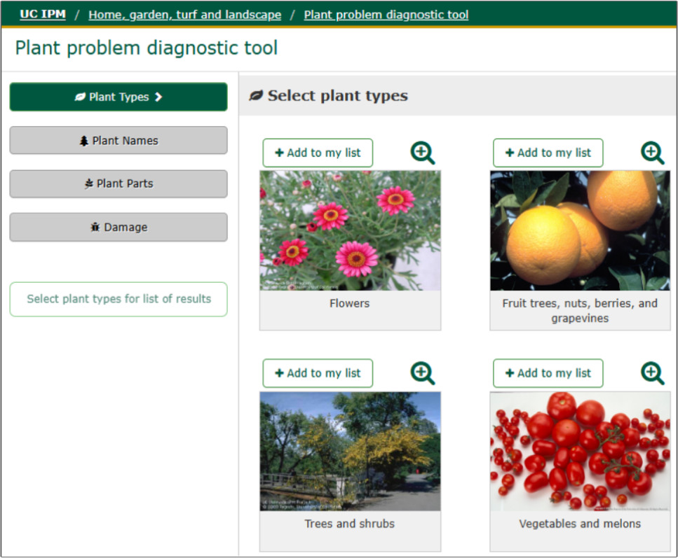 User interface for a plant diagnostic tool, featuring categories for flowers, fruit trees, trees and shrubs, and vegetables, each with corresponding images and an "Add to my list" button. 