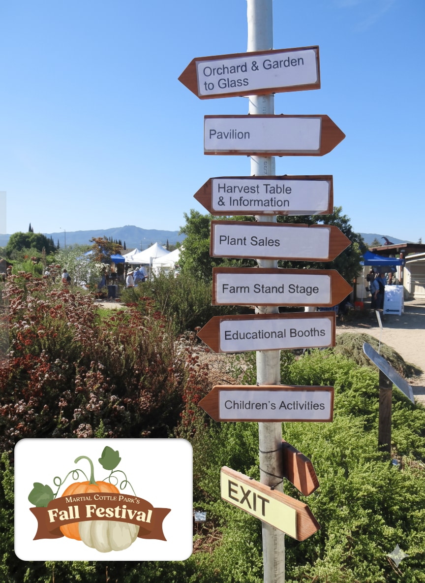 Fall Garden Fair signpost pointing to the many activities available at the event.