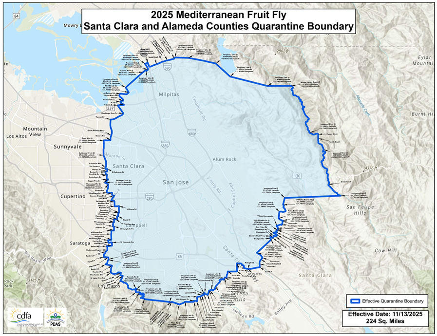 Map of 2025 Mediterranean Fruit Fly - Santa Clara and Alameda Counties Quarantine Boundary