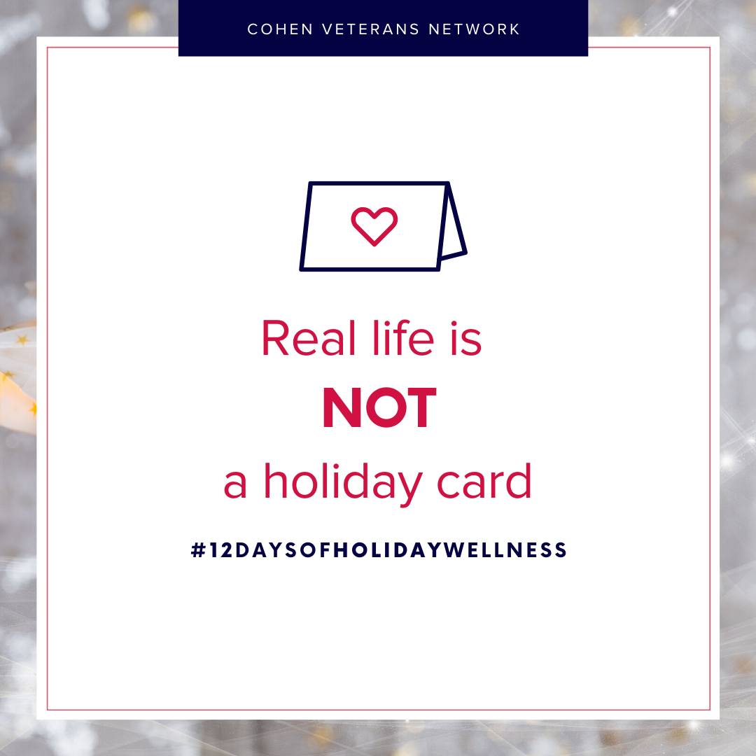 graphic with words saying real life is not a holiday card #12daysofholidaywellness