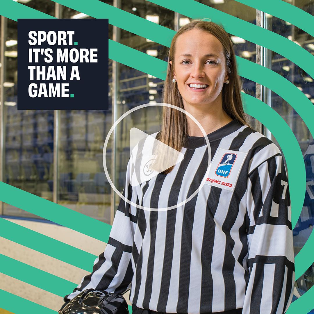 An image of hockey official Alex Clarke with a play button