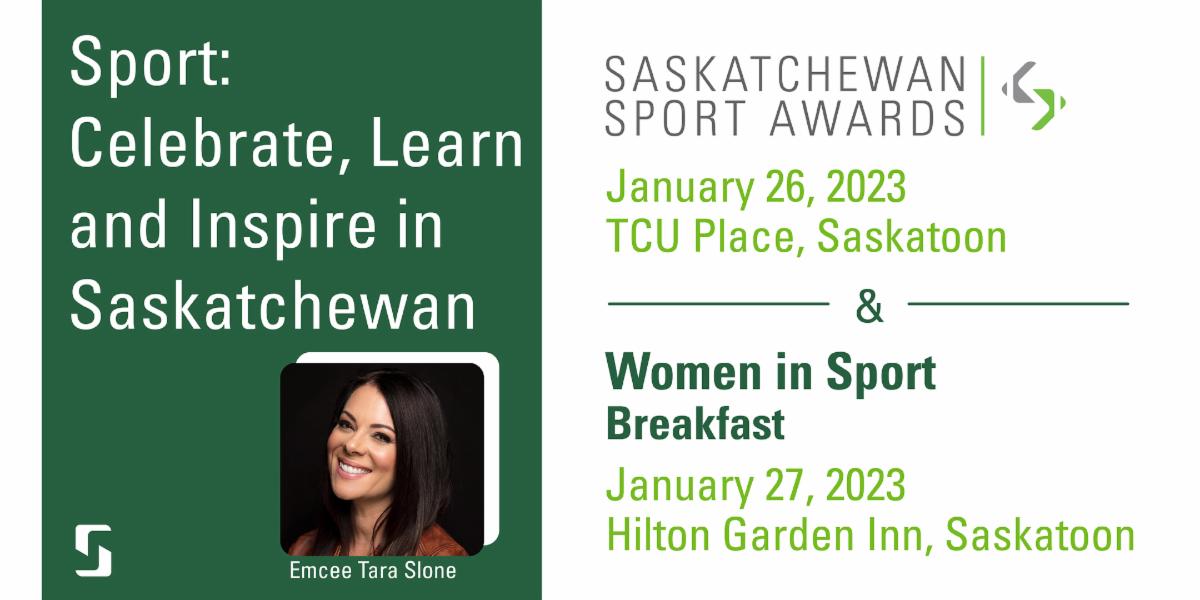 A graphic with a picture of 2022 Saskatchewan Sport Awards emcee Tara Slone advertising the event.