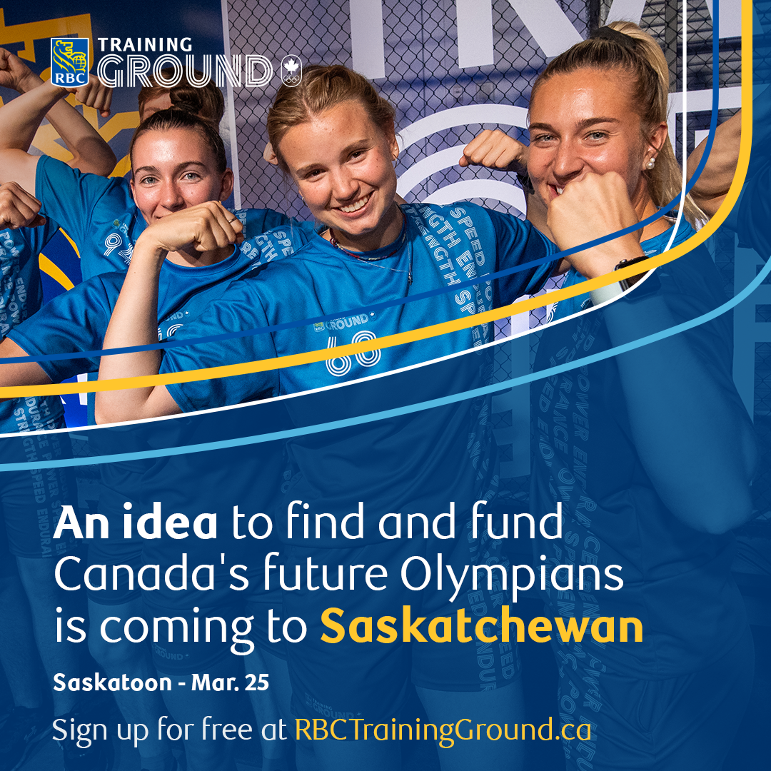 Girls posting for a photo showing off their muscles and text advertising RBC training ground