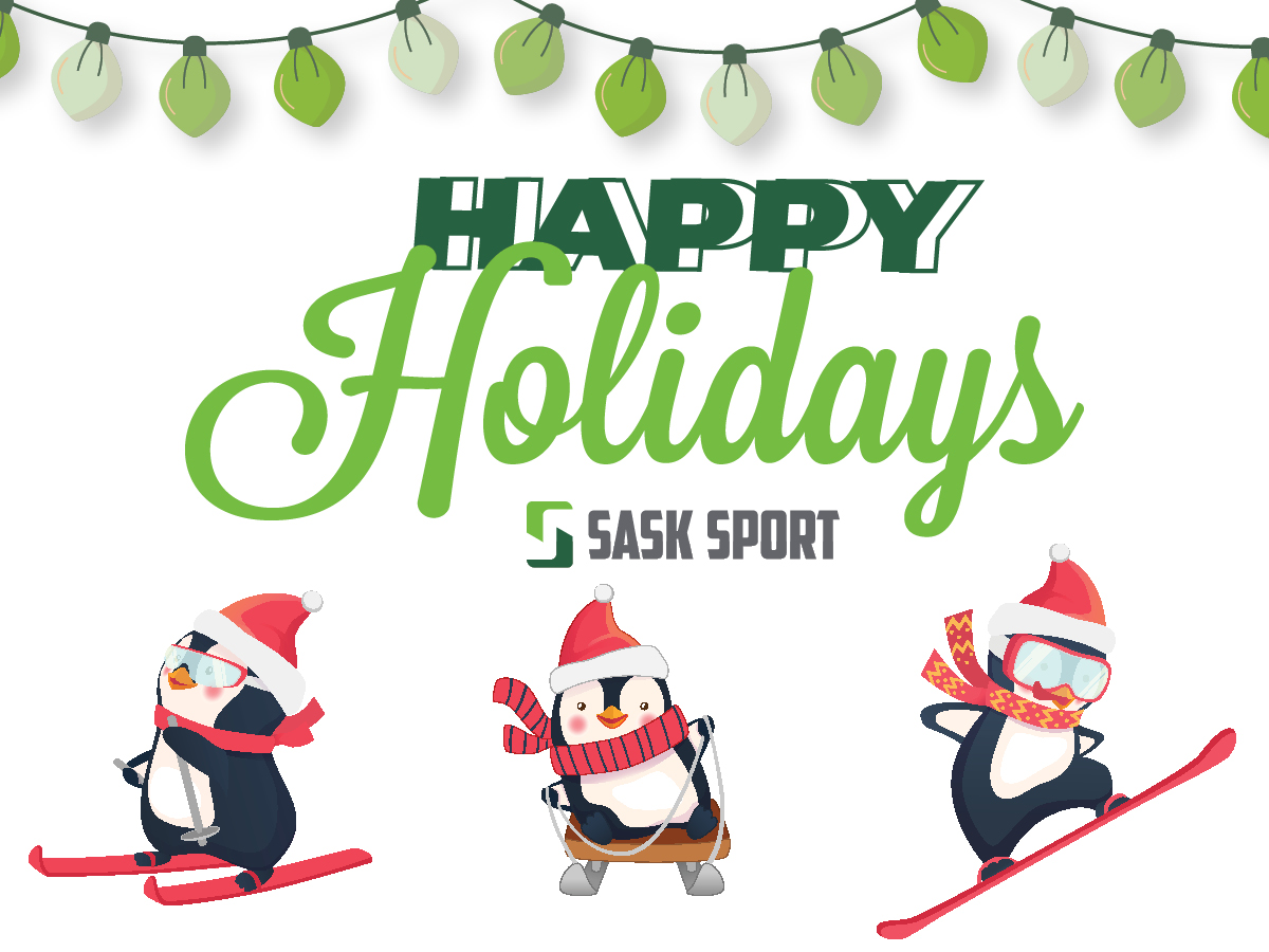 Happy Holidays graphic with penguins playing on skis, a snowboard and a sled