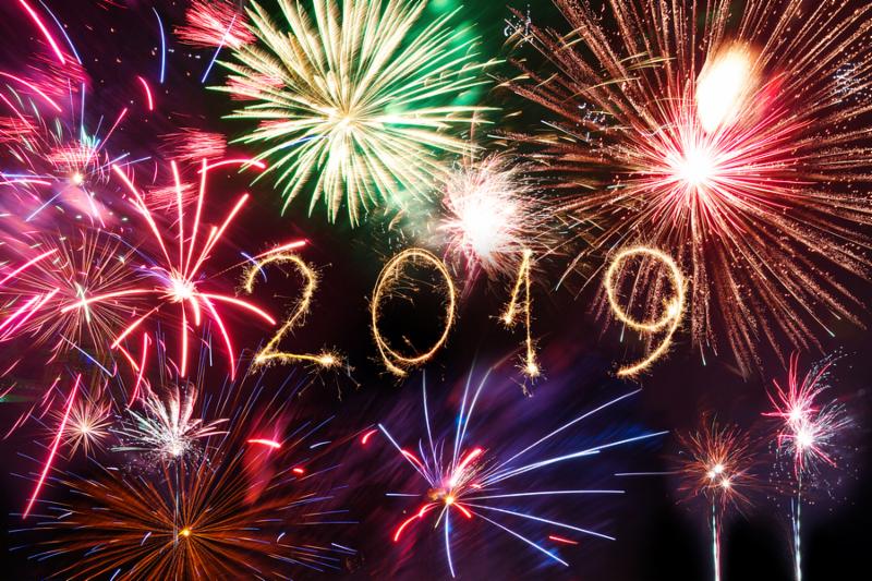 2019 Happy New Year written with Sparkle firework on black background_
