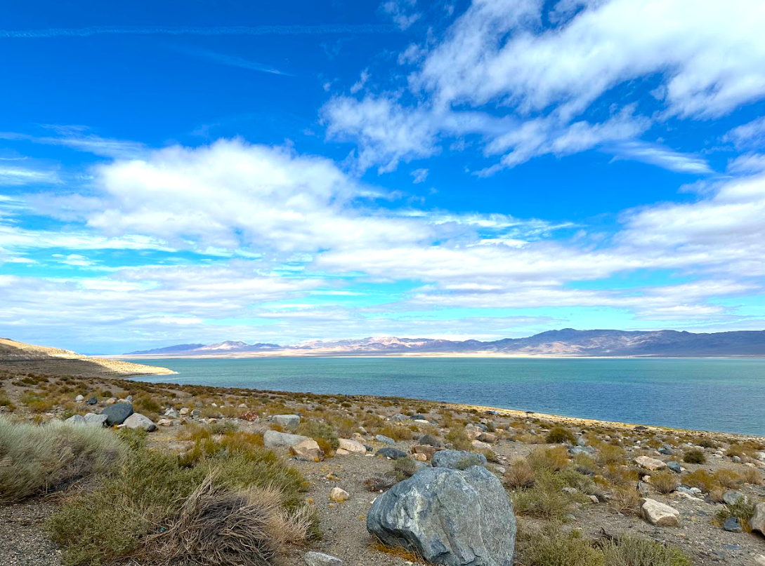a view of the lake from the top of a hill