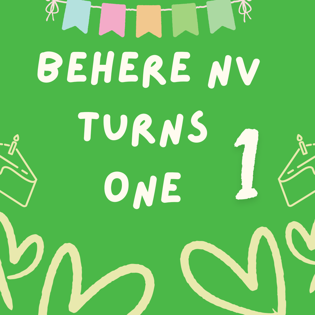 behere nv turns one flyer with images of cakes and hearts 