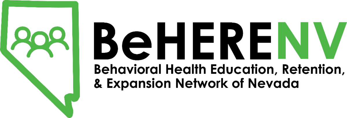 The image features a logo for "Behavioral Health Education, Retention, And Expansion Network Of Nevada" accompanied by a green Nevada state symbol with three human icons inside. The photo also includes a prominent sign reading "BeHERE NV."