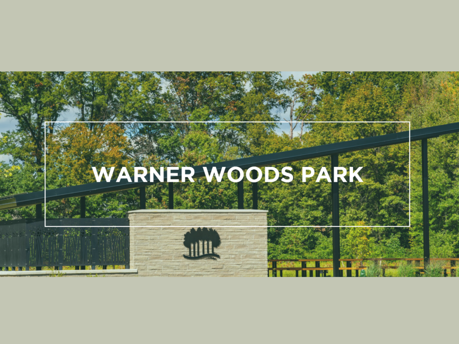 Forest background with white text that says Warner Woods Park. Volunteer opportunity information in caption.