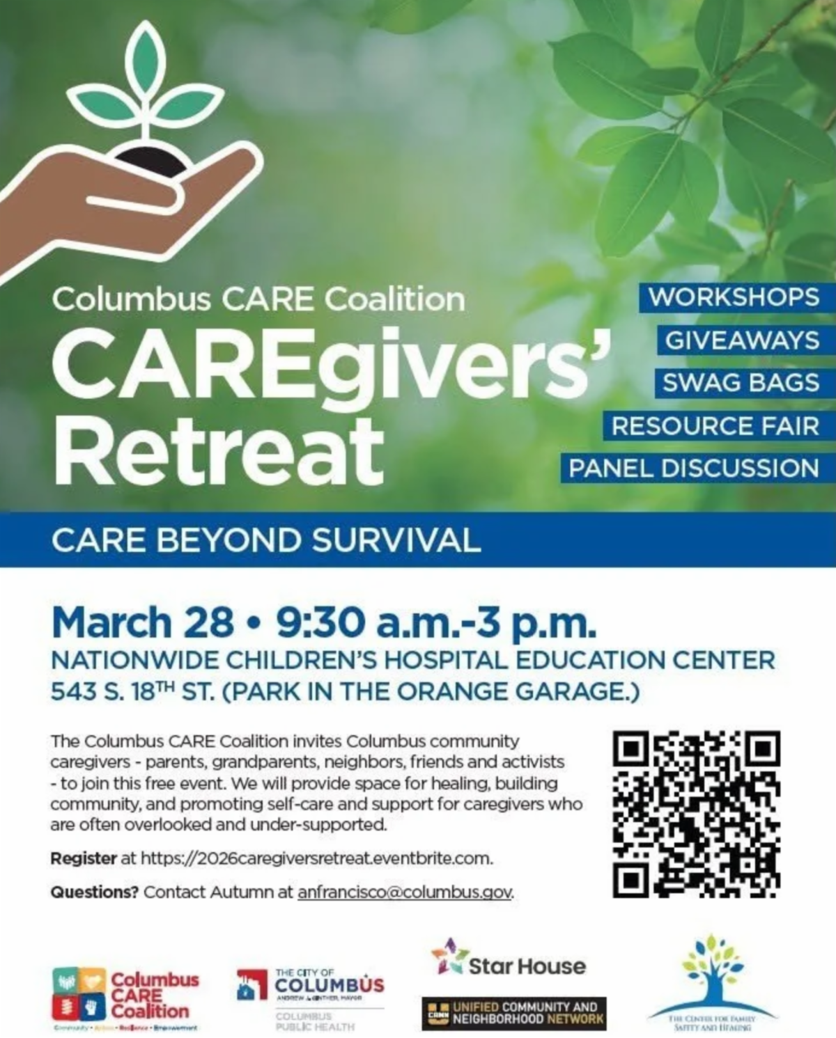 Flyer promoting the Columbus CARE Coalition's upcoming CAREgivers' Retreat. Event details in caption.
