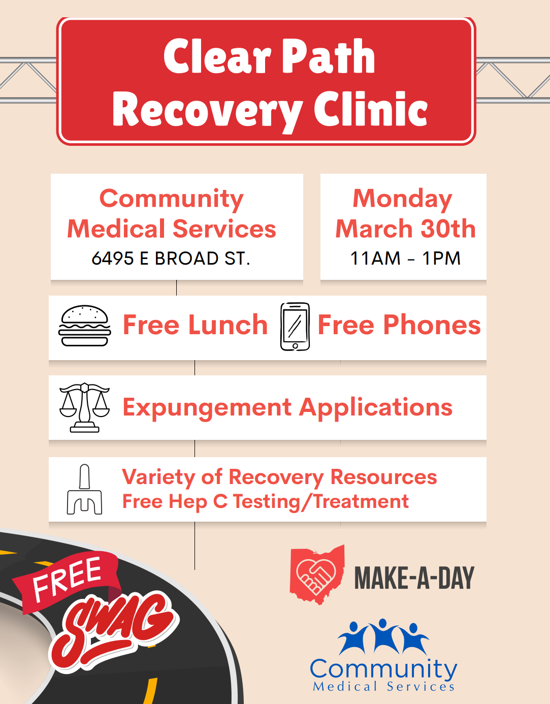 Flyer promoting a Clear Path Recovery Clinic with Make-A-Day and Community Health Services. More details in caption.
