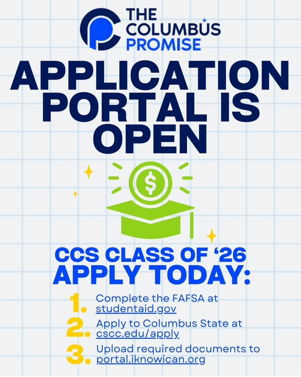 Colorful graphic promoting the opening of the Columbus Promise application portal. More details in caption.
