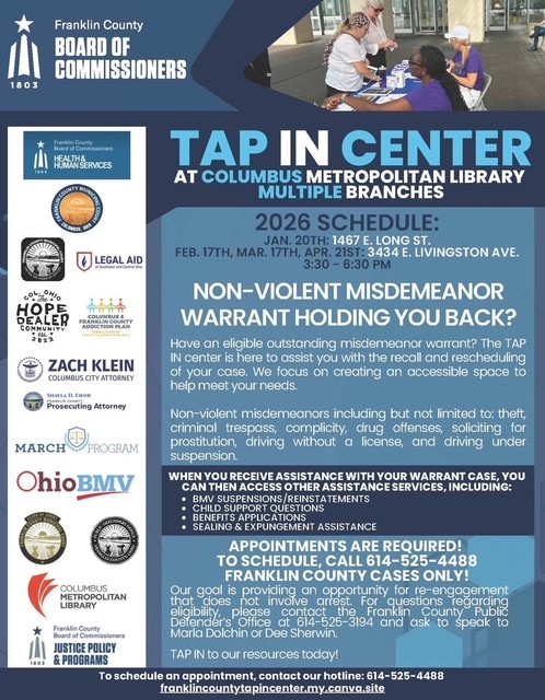 Blue flyer promoting the TAP In Center at the Columbus Metropolitan Library. Flyer details in caption.