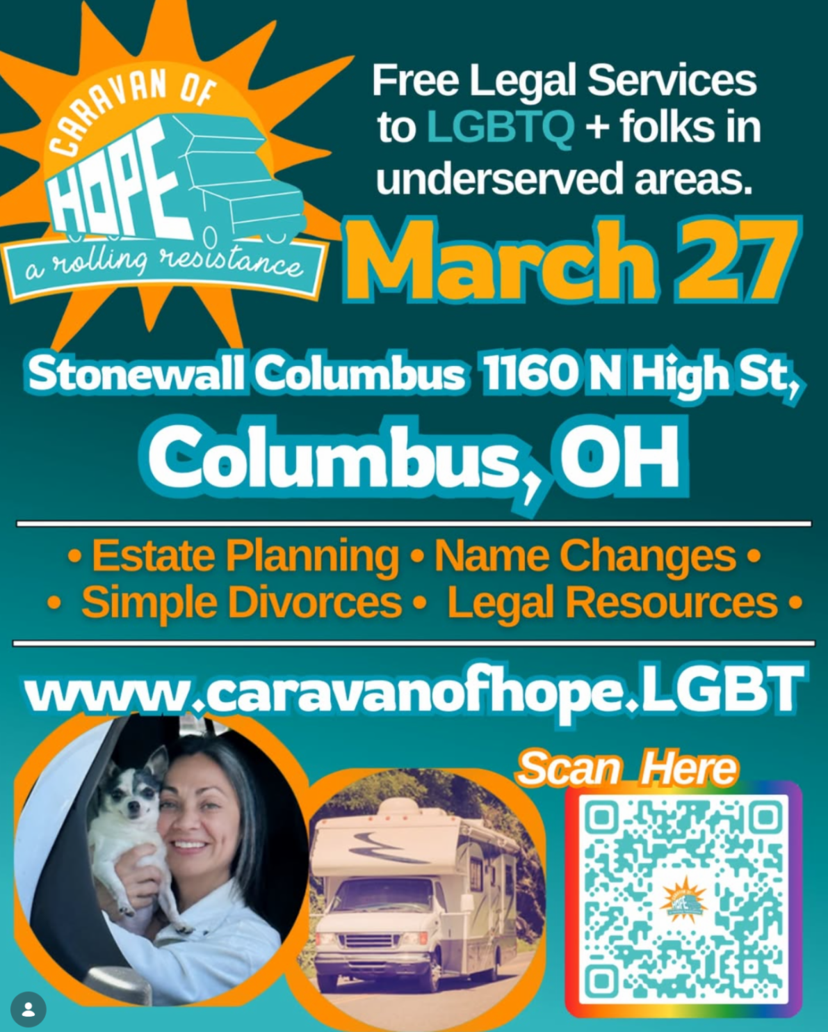 Colorful poster advertising free legal services for the LGBTQ+ community. More details in caption.