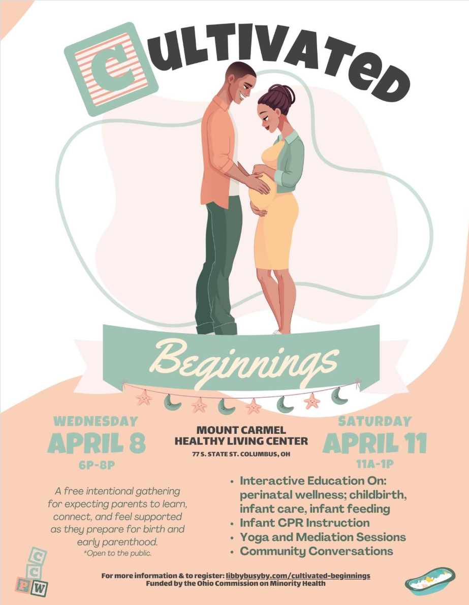 Pastel orange and green flyer promoting the Cultivated Beginnings workshop series for expecting parents. More details in caption.
