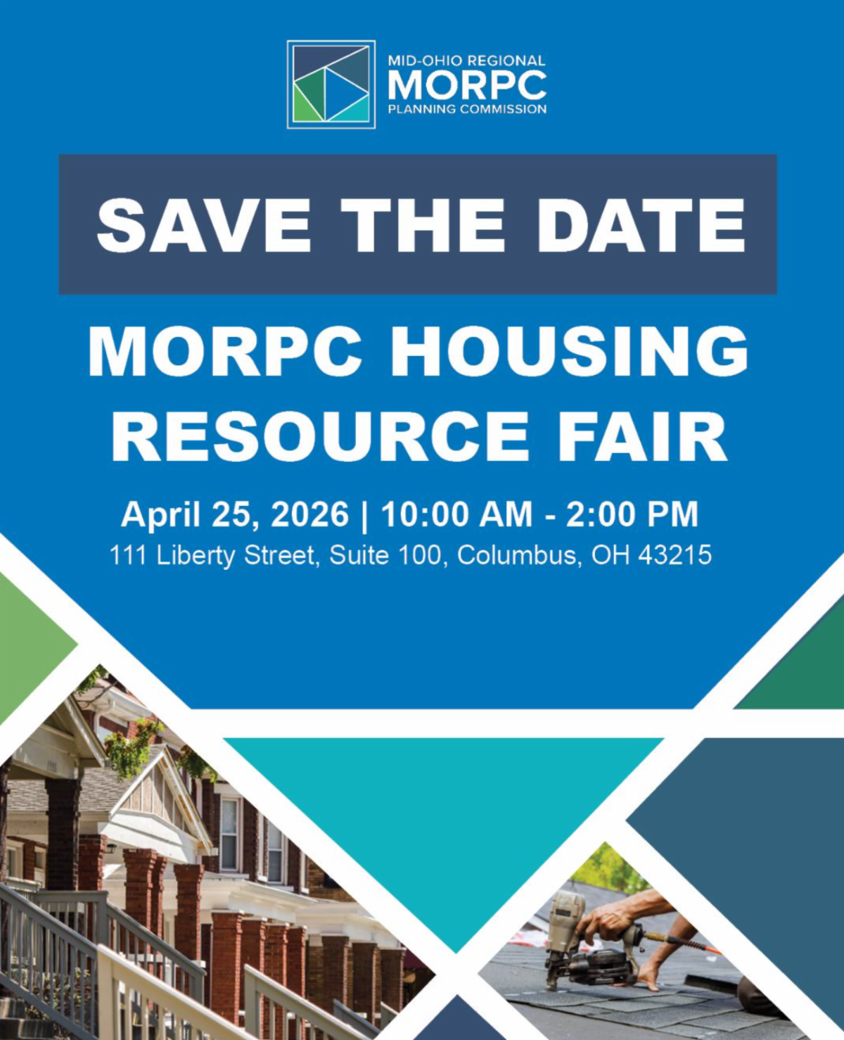 Blue and green save-the-date graphic for MORPC's Housing Resource Fair. More details in caption.