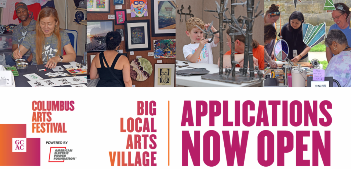 Pink and white promotional flyer stating that applications are now open for the 2026 Big Local Arts Village. More details in caption.