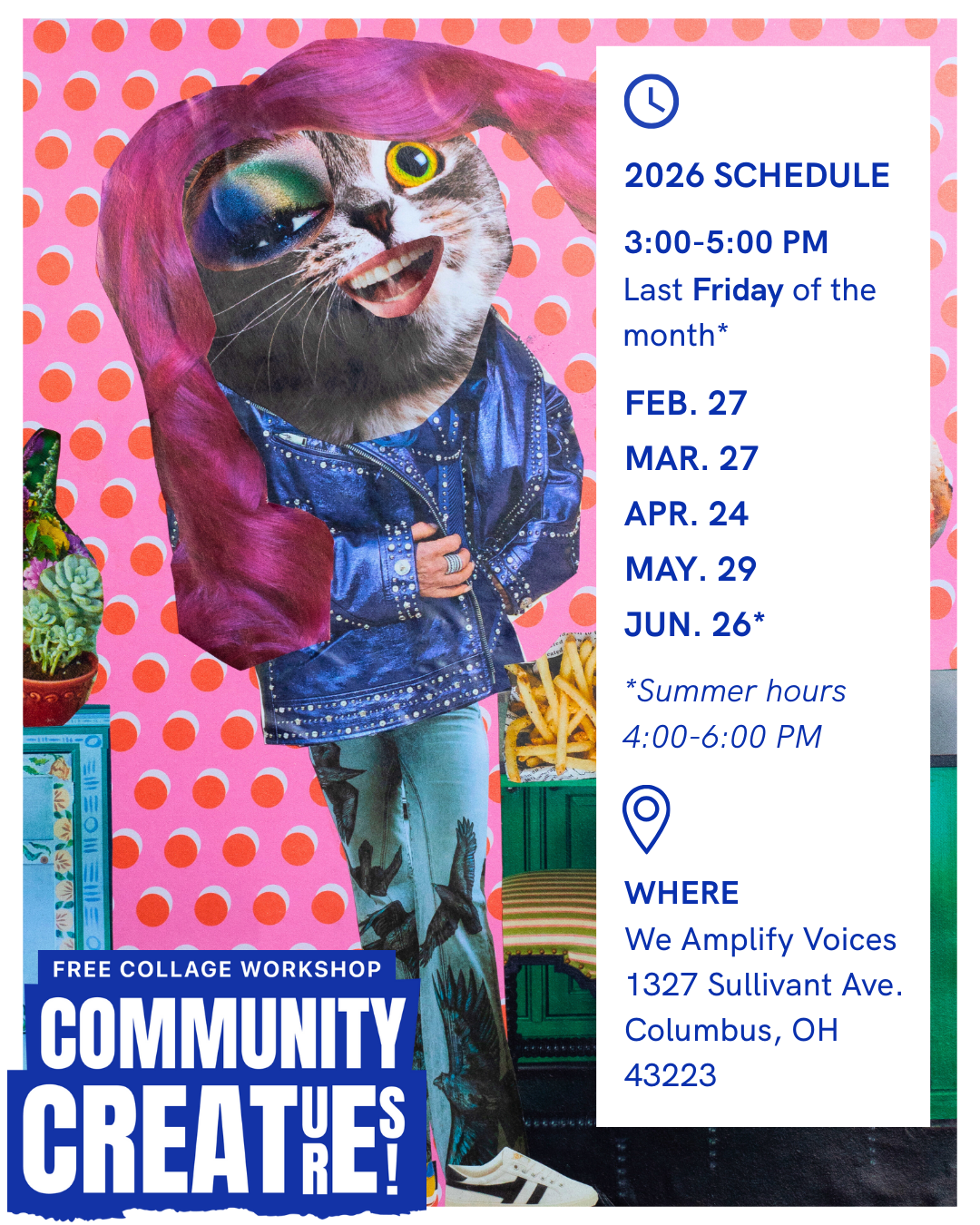 Pink and blue graphic advertising a Community Creatures Collage Workshop. Event details in caption.
