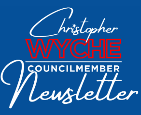 Blue graphic portraying Councilmember Christopher Wyche's logo
