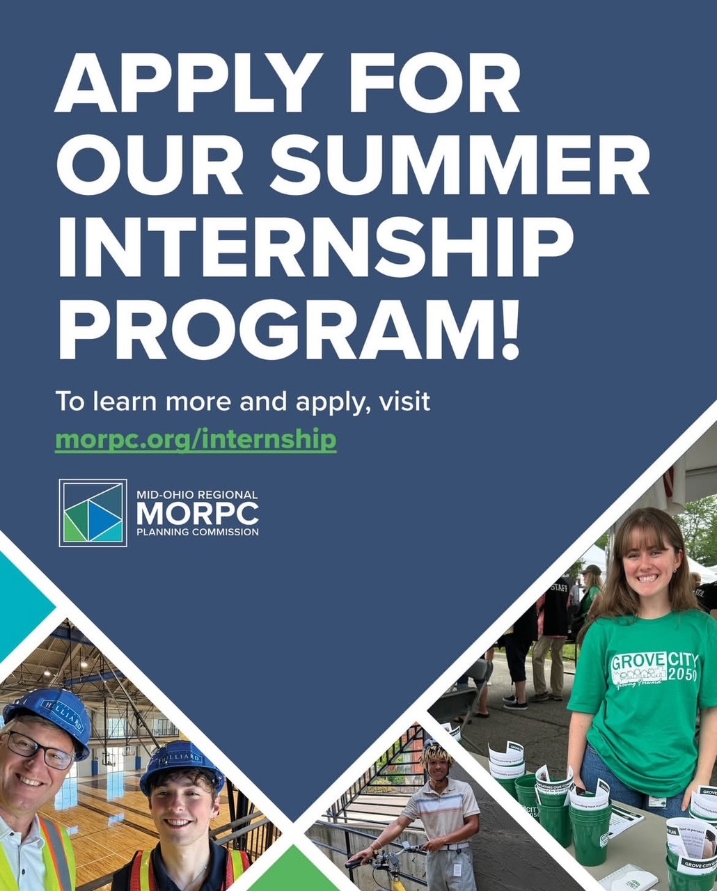 Blue and white graphic promoting MORPC's Summer Internship Program. Details in caption.