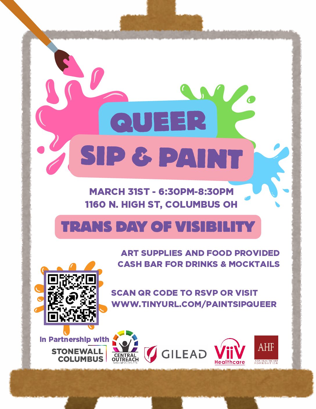 Cartoon art easel advertising a Queer Sip & Paint. Event details in caption.