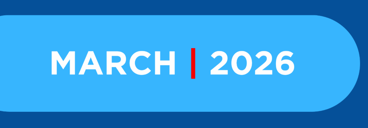 Blue, white, and red banner that says March 2026.