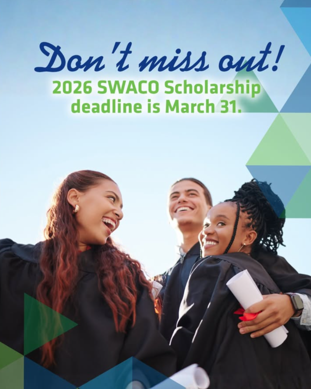 Graphic advertising SWACO's scholarship deadline of March 31. More details in caption.