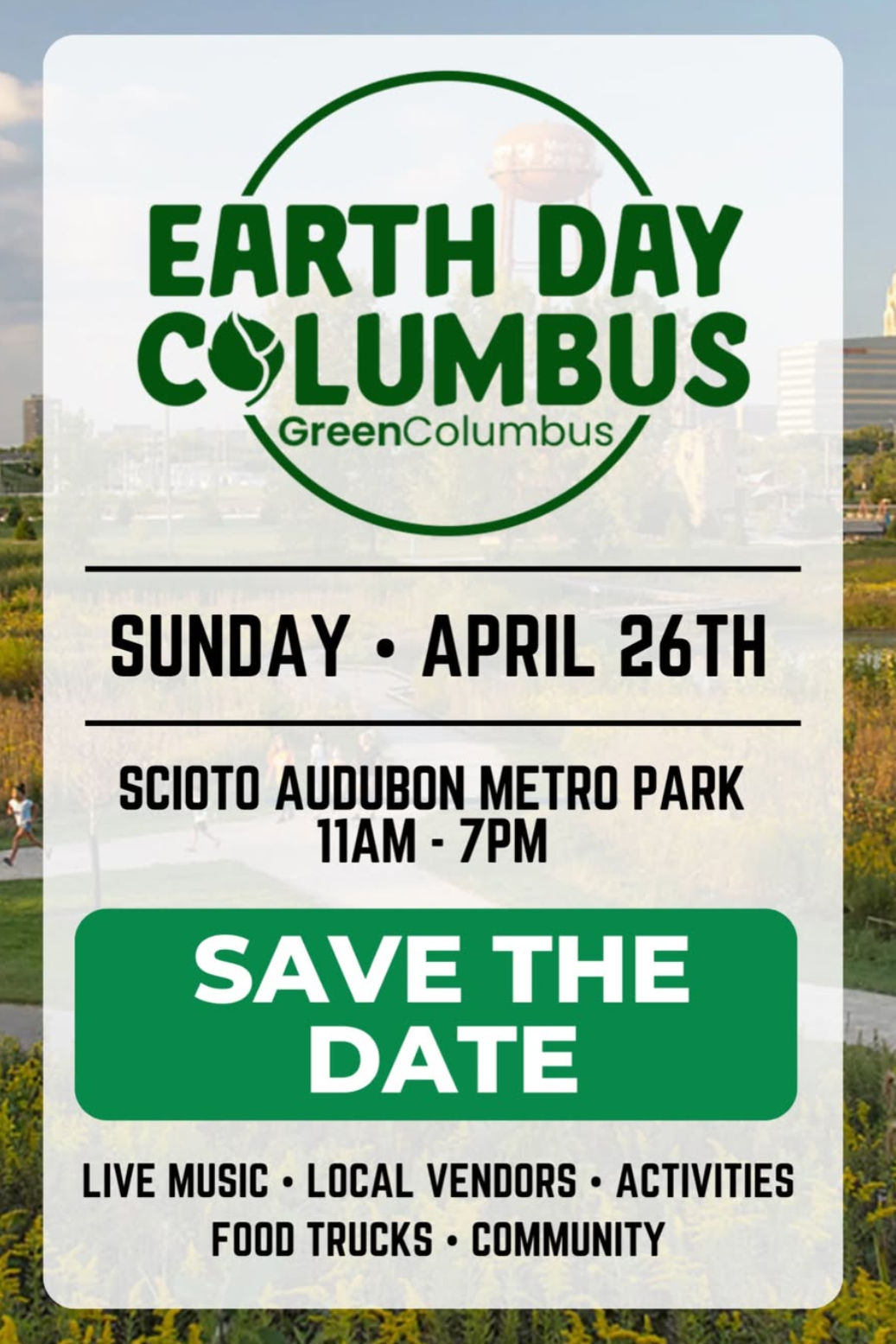 Graphic advertising the Earth Day Columbus Celebration with Green Columbus. More details in caption.