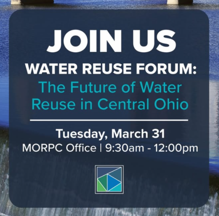 Dark blue graphic promoting a Water Reuse Forum with MORPC. Event details in caption.