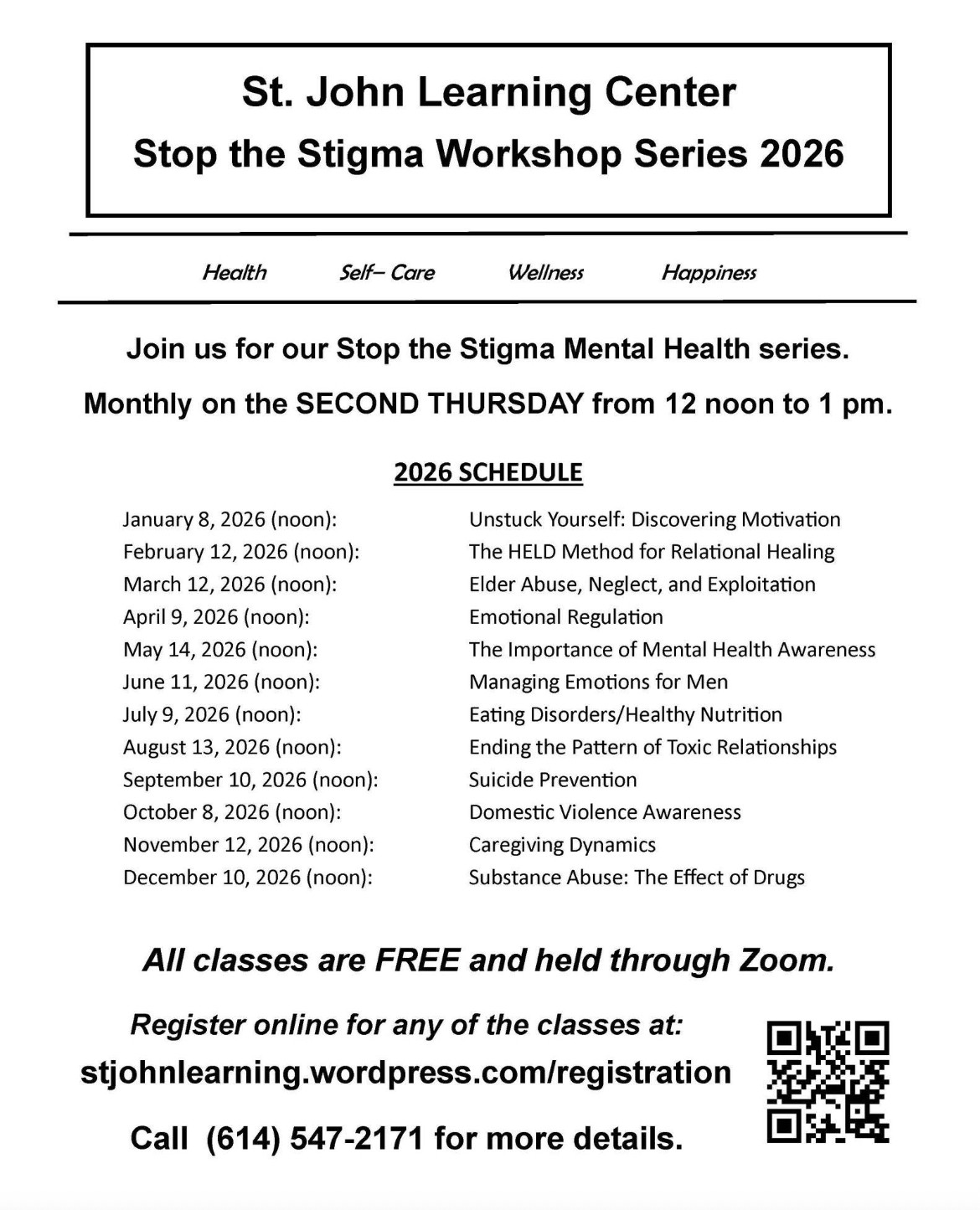 Flyer promoting a Stop the Stigma workshop series with St. John Learning Center. Flyer details in caption.
