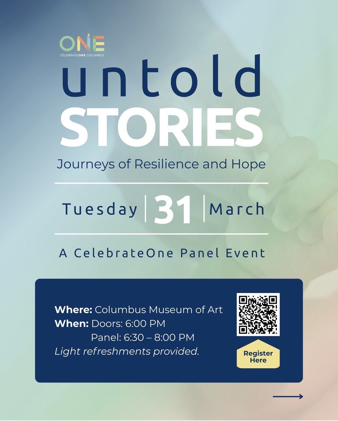 Blue and green graphic advertising the Untold Stories Panel Event with CelebrateOne. Event details in caption.