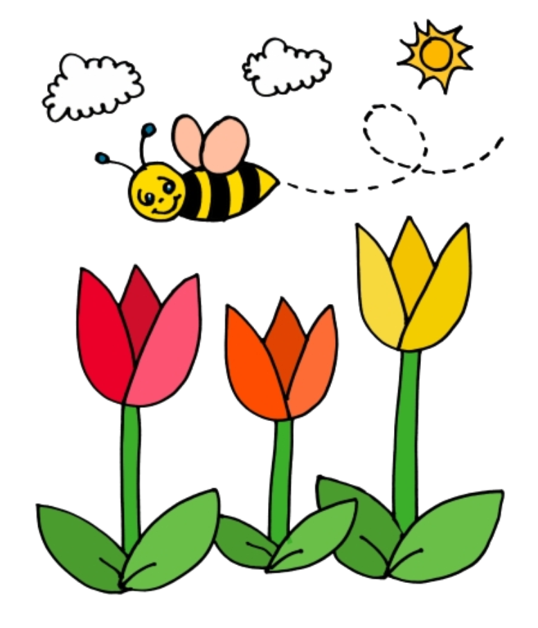 Cartoon drawing depicting three tulips and a bumblebee.