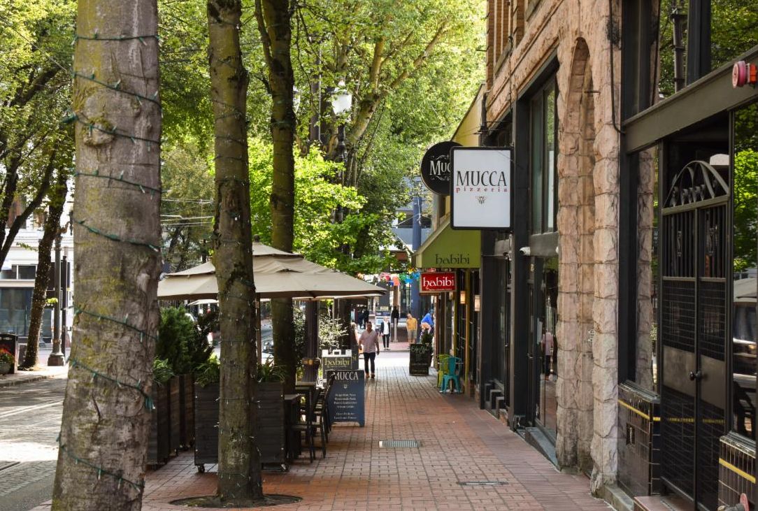 image of a street block in downtown portland with shop signs displayed, a cobblestone sidewalk, trees with light green leaves, and people in the background on the sidewalk